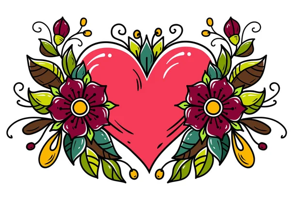 Tattoo red heart decorated two big flowers, leaves and buds.Holiday illustration for Valentines Day.Old school tattoo — стоковый вектор