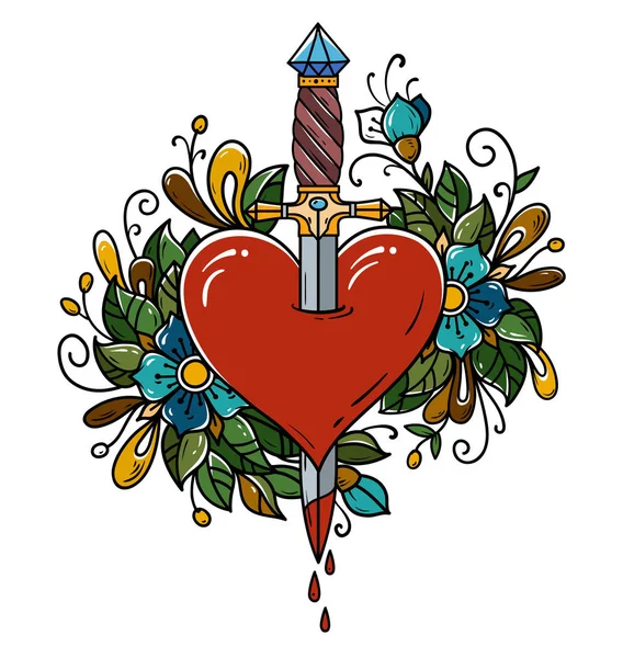 Corazón rojo decorado con flores perforadas con daga. Tatoo daga penetrante corazón con goteo de sangre.Amor. Vieja escuela — Vector de stock