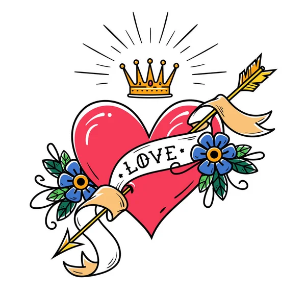 Corazón del tatuaje perforado por la flecha de oro con cinta, flores y corona de oro radiante. Tatuaje de vieja escuela . — Vector de stock