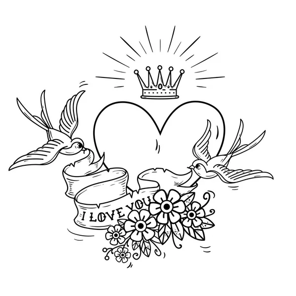 Праздничная иллюстрация с сердцем и золотой короной. Ласточки летают и держат ленту, украшенную цветами. Я люблю тебя. — стоковый вектор