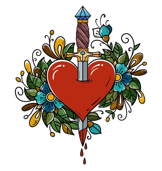 Červené srdce zdobená květinami probodl dýkou. Dýka tetování piercing srdce s kape krev. Láska. Stará škola — Stockový vektor