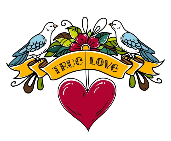 Illustratie met lint ingericht bloemen en rood hart. Twee duiven zitten op lint. Oude stijl tattoo. Belettering van ware liefde — Stockvector