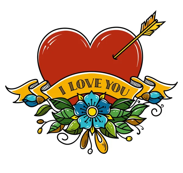 Corazón del tatuaje perforado con flecha. Corazón decorado con flores y cinta. Te quiero. Te quiero. Ilustración para el día de San Valentín . — Vector de stock