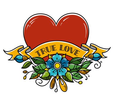 Dövme kalp ok ile deldi. Kalp çiçekler, yapraklar ve kurdele ile süslenmiş. Gerçek aşk. Amour sembolü