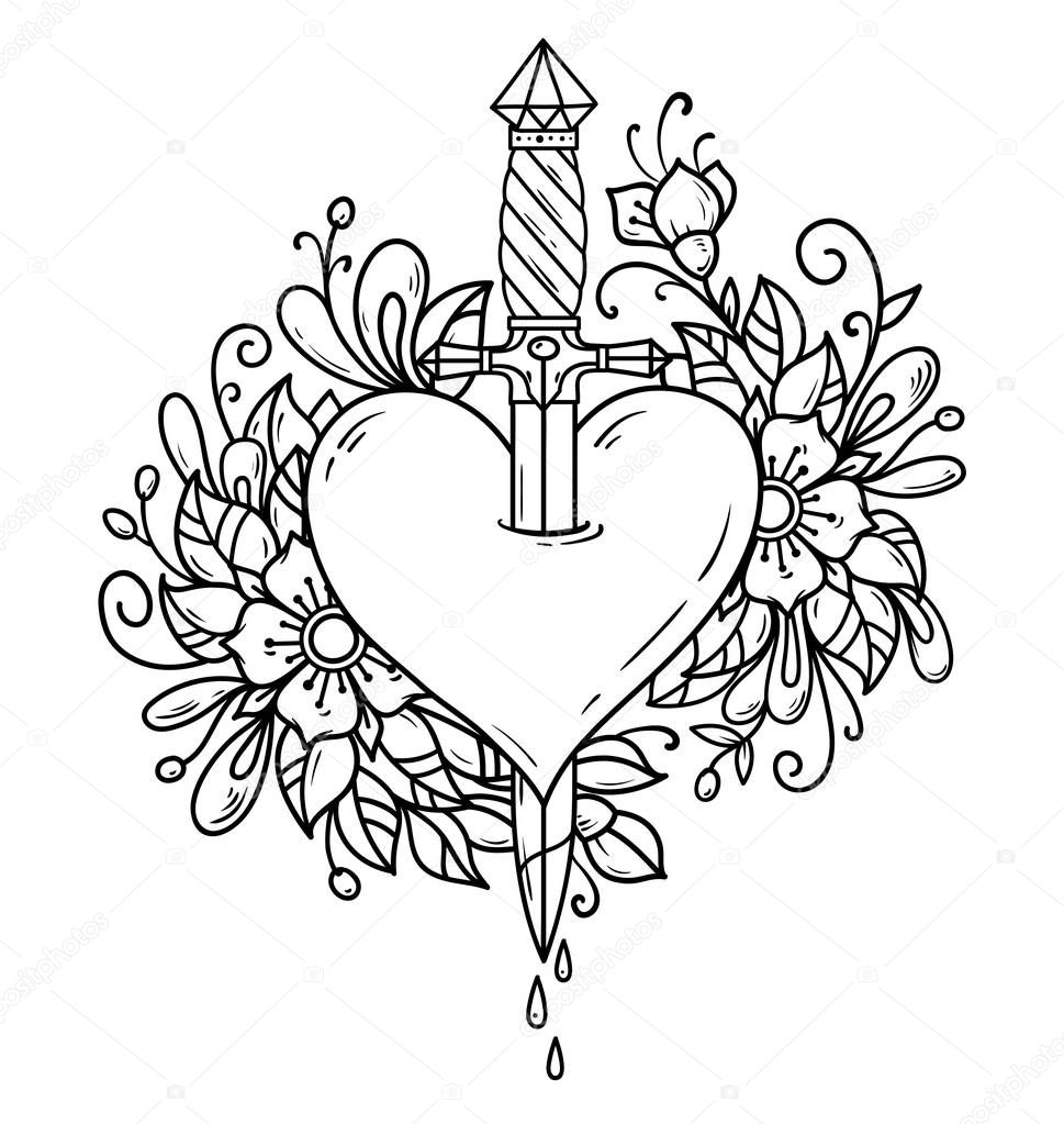 Heart decorated with flowers pierced with dagger