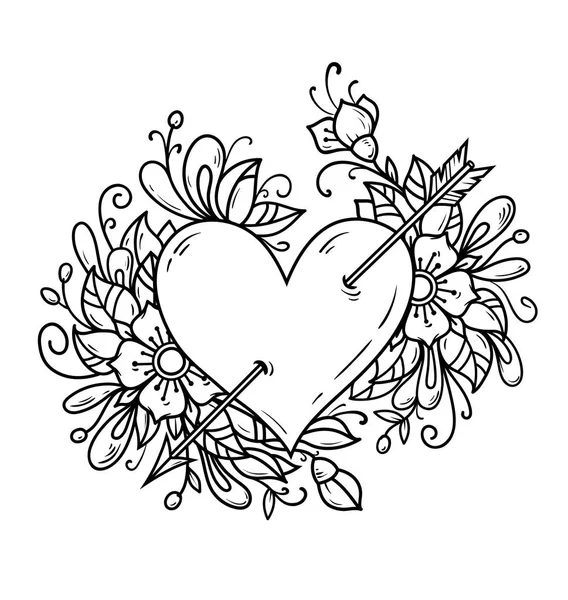 Corazón atravesado por una flecha. Flores decoradas con corazón. Ilustración en blanco y negro para el Día de San Valentín . — Archivo Imágenes Vectoriales