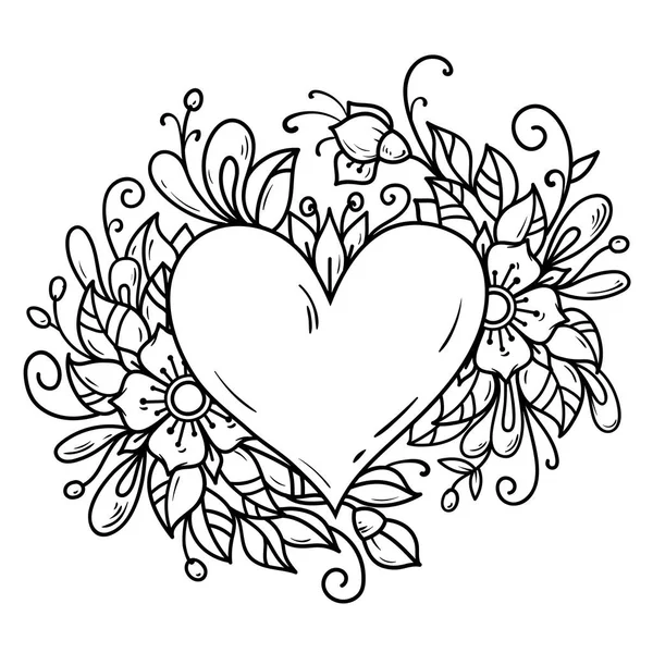 Corazón romántico decorado flores, brotes, hojas. Composición floral decorada con corazón. Ilustración en blanco y negro — Vector de stock