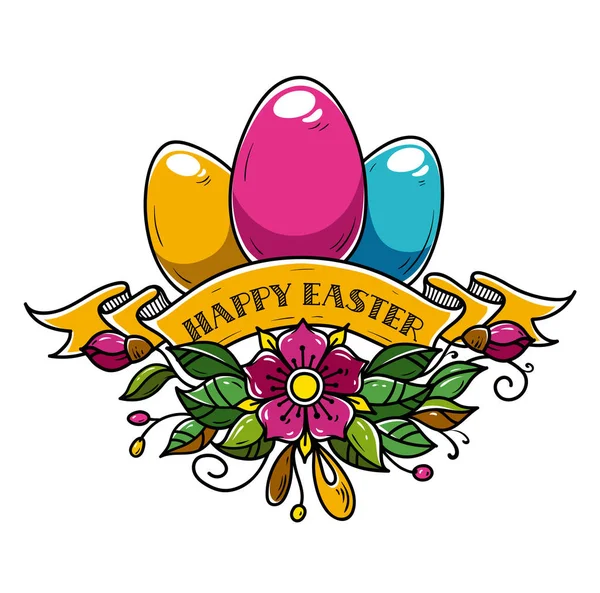 Illustrazione per Buona Pasqua. Composizione di tre uova di Pasqua decorate con nastro e fiori. Buona Pasqua lettering — Vettoriale Stock