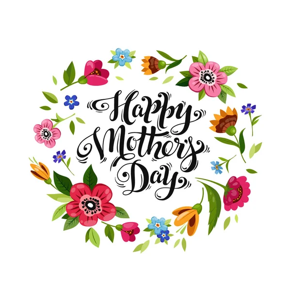 Lettering Feliz Dia das Mães em moldura de flores —  Vetores de Stock