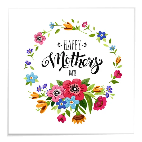 Lettering Feliz Día de las Madres en marco de flores — Vector de stock