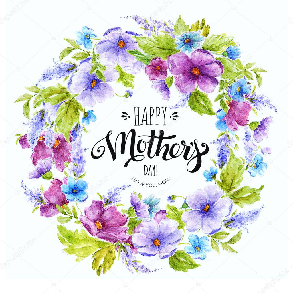 Happy Mothers Day Card with elegant lettering in floral frame. Happy Mothers Day watercolor banner.