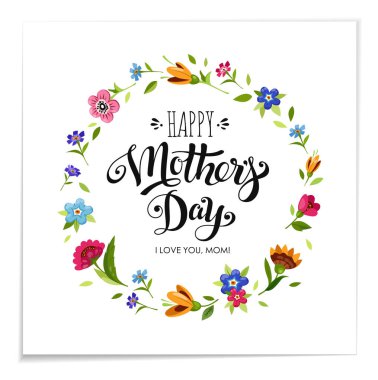 Gerçekçi mutlu anneler günü tebrik kartı. Zarif elle çizilmiş mutlu anneler günü çiçek çerçevede yazı