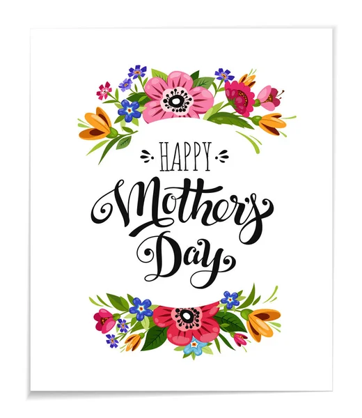 Feliz Dia das Mães cartão de férias com flores. Letras desenhadas à mão Feliz Dia das Mães. Ilustração floral vetorial —  Vetores de Stock