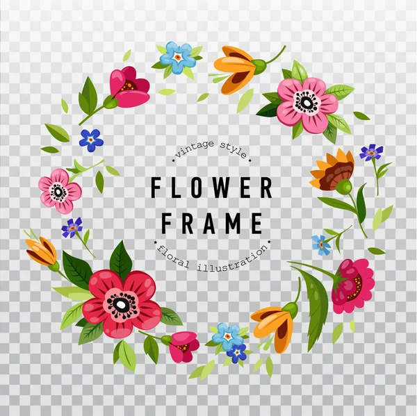 Cadre floral rond pour invitation ou carte de vœux. Couronne florale avec fleurs, bourgeons, feuilles sur fond transparent . — Image vectorielle