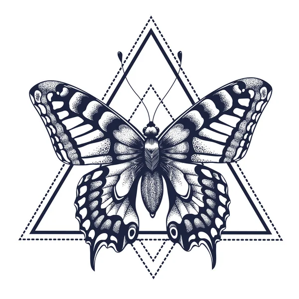 Tatuagem de borboleta. Tatuagem de bordado. Artes gráficas. Borboleta em triângulo, geometria. Símbolo místico da liberdade, natureza, ar —  Vetores de Stock