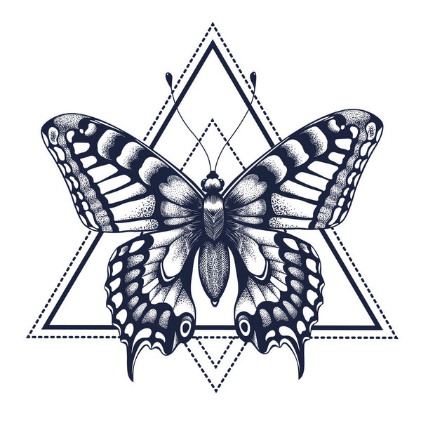 Butterfly tattoo. Dotwork tattoo. Graphic arts. Butterfly in triangle, geometry. Mystical symbol of freedom, nature, air