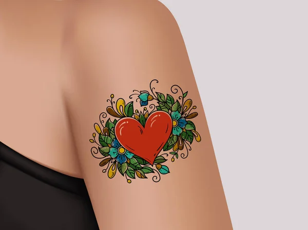 Tatouage sur l'épaule. Coeur décoré de fleurs — Image vectorielle