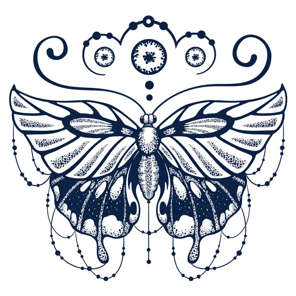 Schöne geflügelte Schmetterling-Tätowierung. T-Shirt-Design — Stockvektor