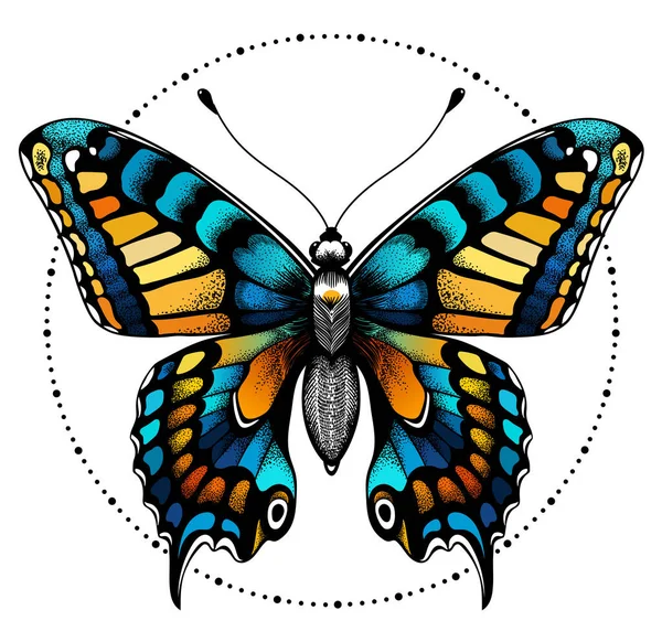 Tätowierter Schmetterling im Kreis aus Perlen. Schönheitssymbol — Stockvektor