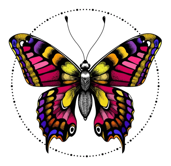 Tattoo butterfly in circle of beads.T-shirt design — 스톡 벡터