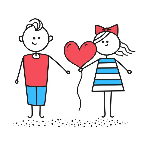 Girl gives boy red heart shaped balloon — Stok Vektör