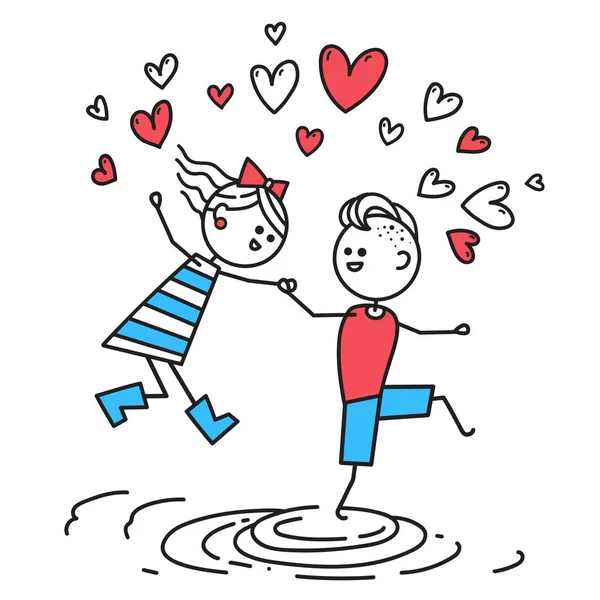 Lovers boy and girl jump through puddles — Stock vektor