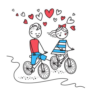 Happy boy and girl ride bike and chat