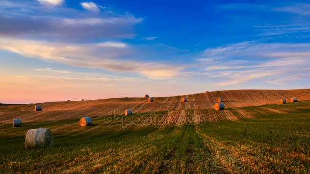 4K Timelapse of hay bales on the field at sunset, Tuscany, Italy — Stock Video