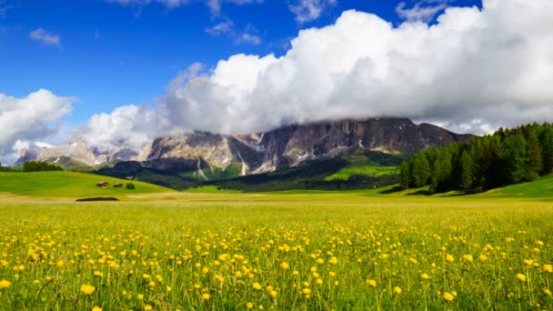 Seiser Alm, Dolomites, İtalya 'dan görüntüler, Langkofel Dağı üzerinde 4K zaman aşımı. — Stok video