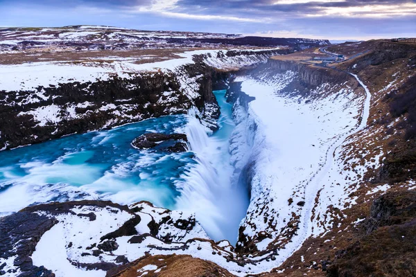 Gullfoss-Wasserfall im Winter (Vogelperspektive), Island — Stockfoto