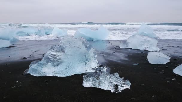 Icebergs Flotando Playa Volcánica Negra Islandia Del Sur — Vídeos de Stock