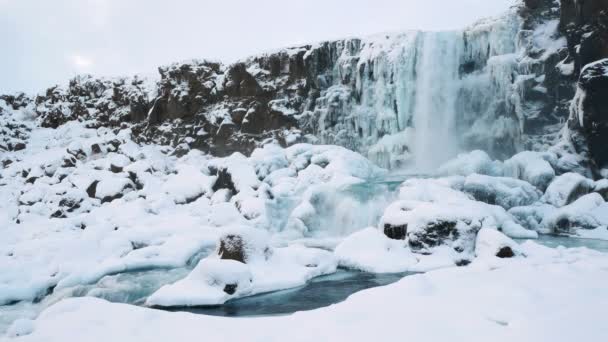 Oxarfoss Waterfall Winter Thingvellir National Park Ισλανδία — Αρχείο Βίντεο