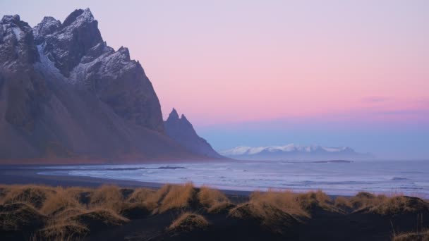 Góry Vestrahorn Zachodzie Słońca Stokksnes Islandia — Wideo stockowe