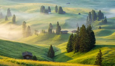 Seiser Alm (Alpe di Siusi) ve Langkofel dağı gün doğumunda, İtalya