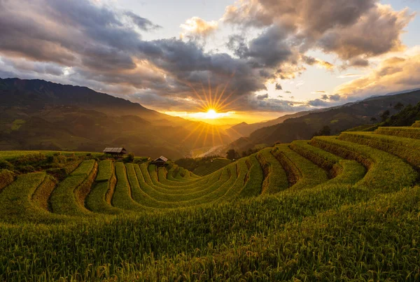 Západ Slunce Nad Terasovými Rýžovými Poli Cang Chai Jen Bai — Stock fotografie