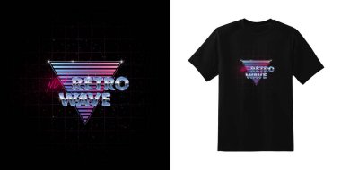 Newretrowave. Süslü tişört ve giysi retro tasarımı Newretrowave metalik ve neon yazıtlı mavi ve pembe gradyan üçgen. Tipografi, baskı. Eps 10.