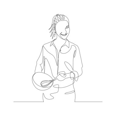 Aralıksız bir çizgi kadın çırpıcıyla yumurta çırpıyor. Mutfak teması, mutfak aletleri. Vektör