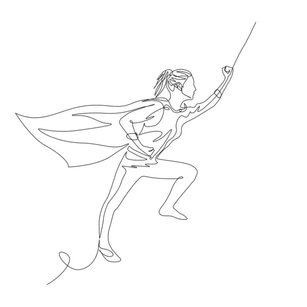 Continuous one line superhero woman in a cloak flies up with a raised hand. Vector — Stock Vector