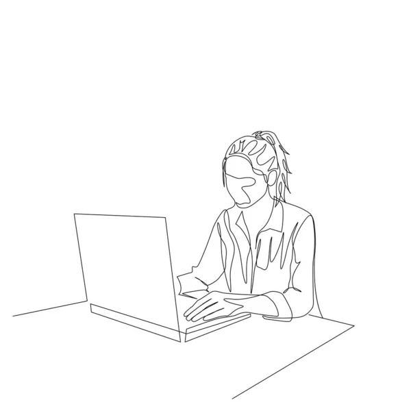 Una línea continua de trabajo de la mujer con el ordenador portátil de ayuda en la mesa. Vector — Archivo Imágenes Vectoriales