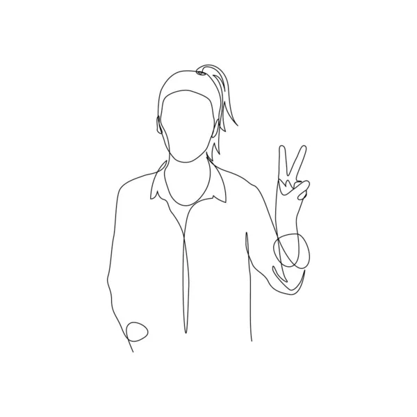 Continuous one line woman make a victory sign with hand. Vector — 스톡 벡터