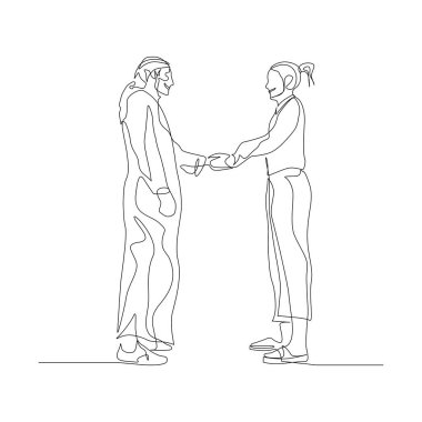 Sürekli tek sıra halinde, Arap elbiseli bir adam bir kadınla tokalaşıyor. İş konsepti. Vektör stok illüstrasyonu.