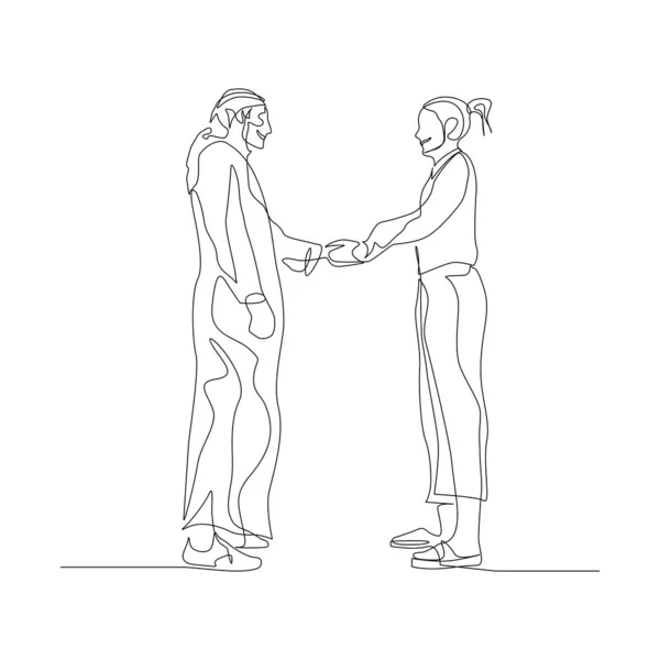 一个穿着阿拉伯服装的连续的男人和一个女人握手。 商业概念。 矢量存量说明. — 图库矢量图片