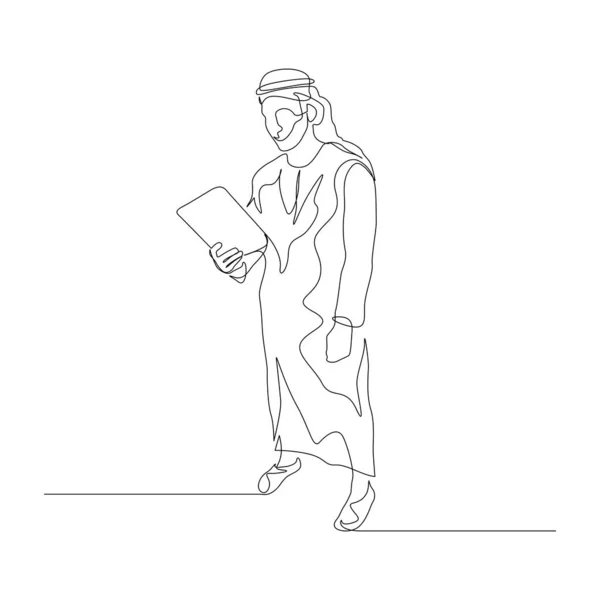 Continu un homme de ligne en vêtements arabes utiliser tablette. Illustration vectorielle . — Image vectorielle