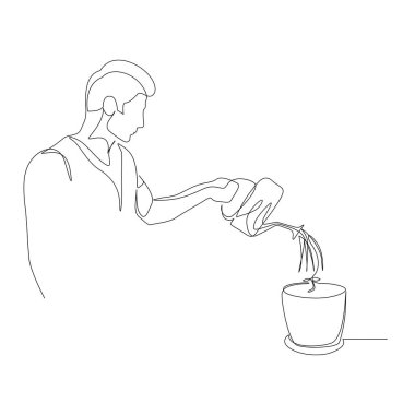 Devamlı tek sıra halinde bir adam saksıdaki bir bitkiyi suluyor. Yetiştirme, yatırım ve sermaye kavramı. Vektör stok illüstrasyonu.