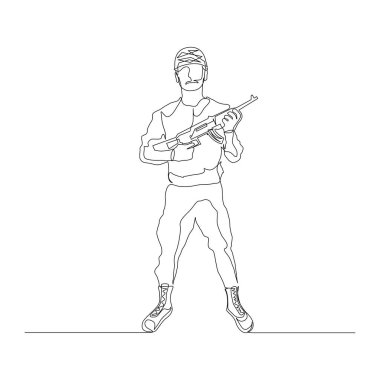 Askeri üniformalı ve makineli tüfekli bir asker. Vektör stok illüstrasyonu.