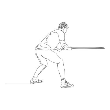 Kıvırcık saçlı adam sürekli bir ip çekiyor. Halat çekme. Vektör stok illüstrasyonu.