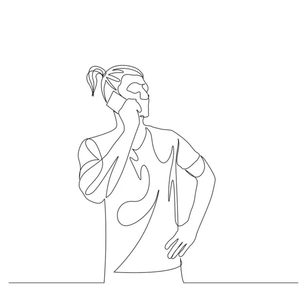 Continuous one line ponytail man talking on a smartphone. Vector stock illustration. — ストックベクタ