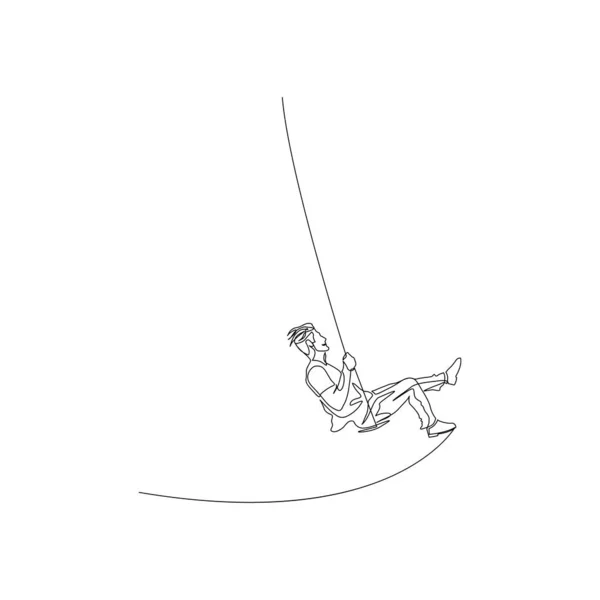 Un hombre de línea continua balanceándose fuerte en un columpio. Los adultos siguen siendo niños. Ilustración de stock vectorial . — Vector de stock