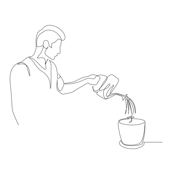 Continuous one line man is watering a plant in a pot. The concept of nurturing, investing and capital. Vector stock illustration.