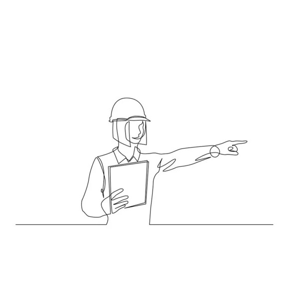 Contínua uma linha mulher engenheiro em um capacete com um tablet controla o processo, aponta um dedo. Ilustração do estoque vetorial . — Vetor de Stock